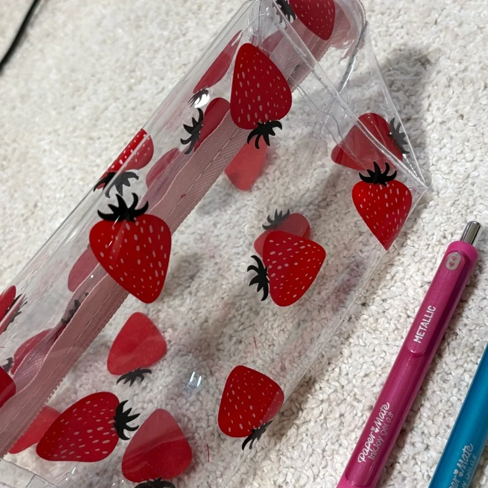 Strawberry Clear Pencil Case with Pens